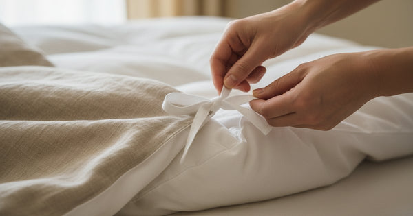 Hands tying a fabric corner tie at the corner of a white duvet inside a linen duvet cover