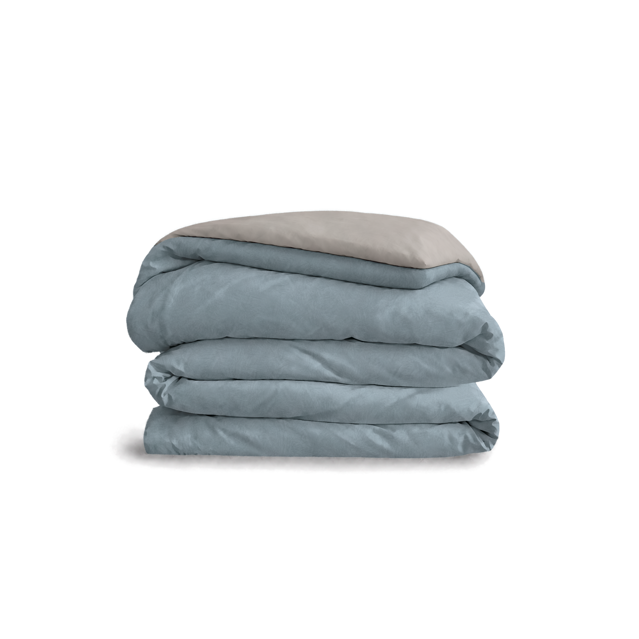 Down for Good Essential duvet cover panels, folded and stacked, in Blue Haze and Fog organic cotton.