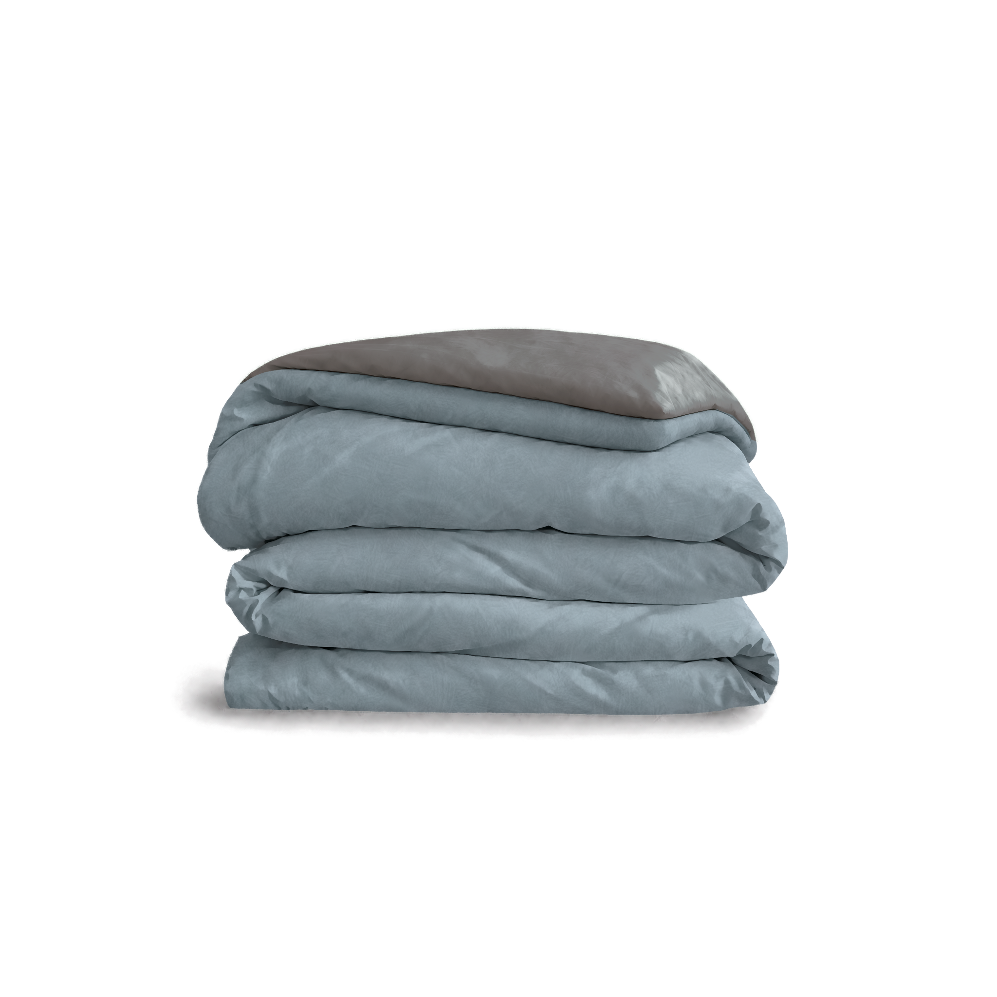 Down for Good Essential duvet cover panels, folded and stacked, in Blue Haze and Riverbed organic cotton.