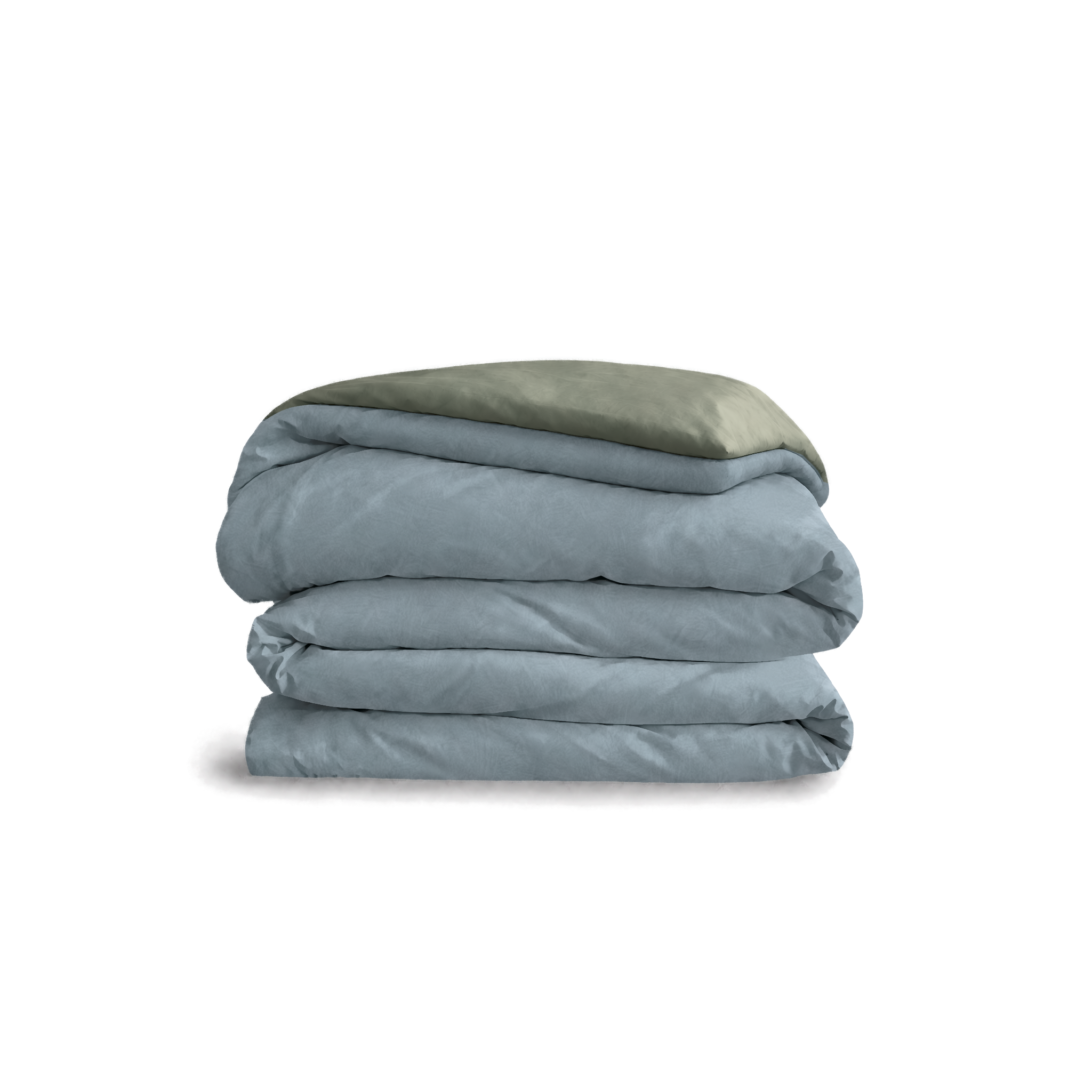 Down for Good Essential duvet cover panels, folded and stacked, in Blue Haze and Willow organic cotton.