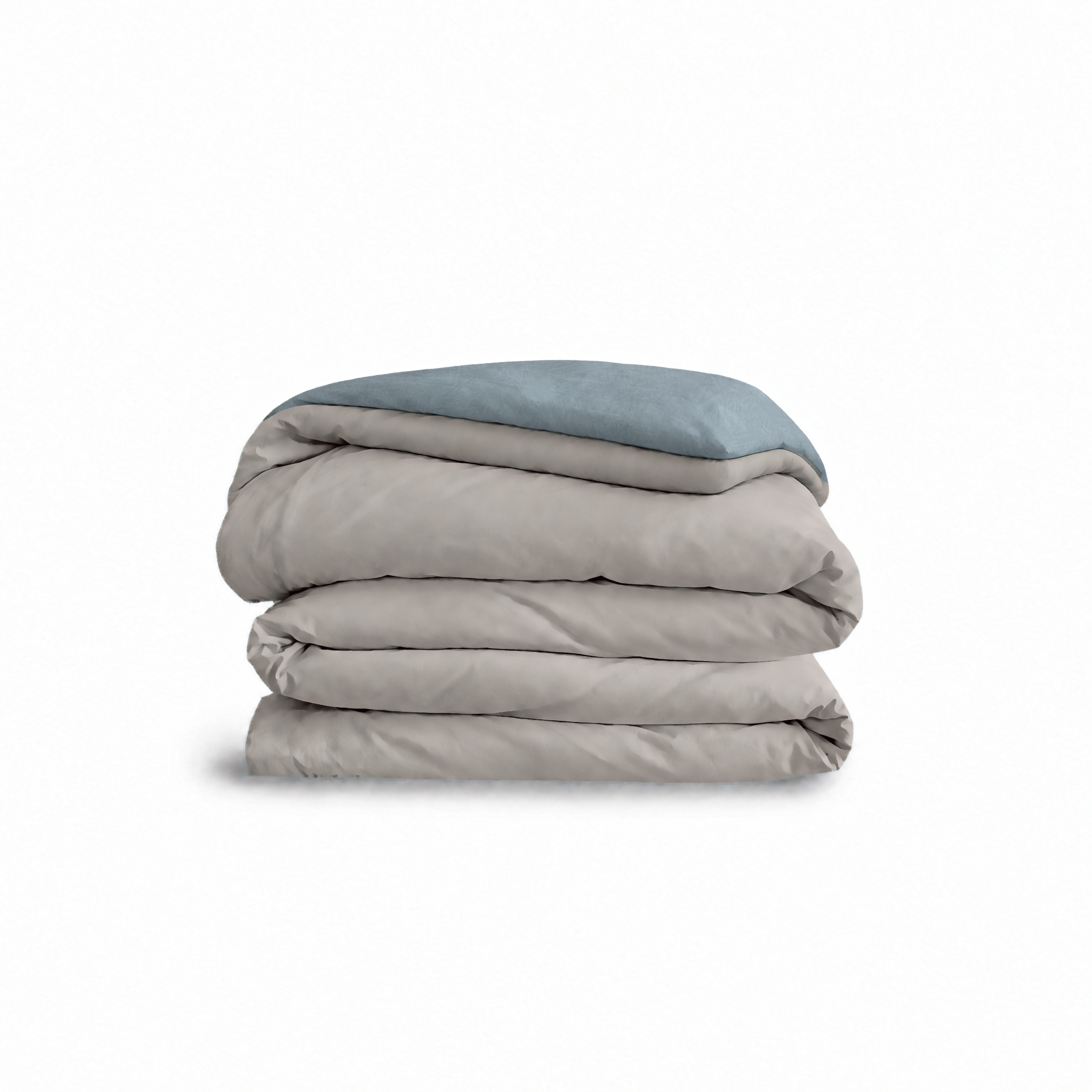 Down for Good Essential duvet cover panels, folded and stacked, in Fog and Blue Haze organic cotton.