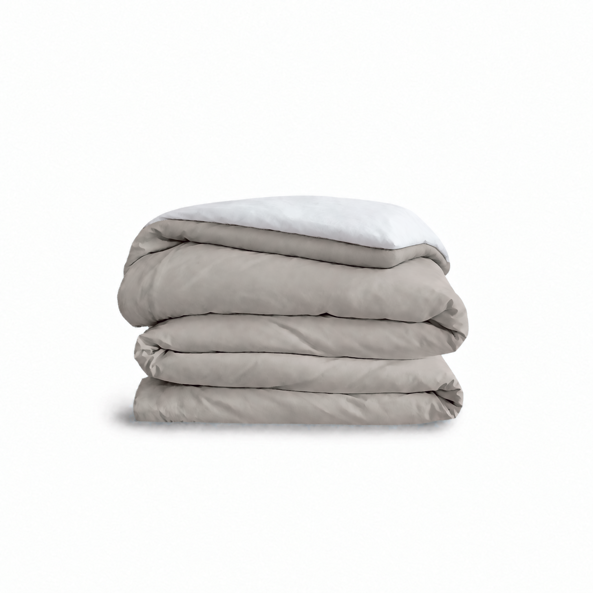 Down for Good Essential duvet cover panels, folded and stacked, in Fog and White organic cotton.
