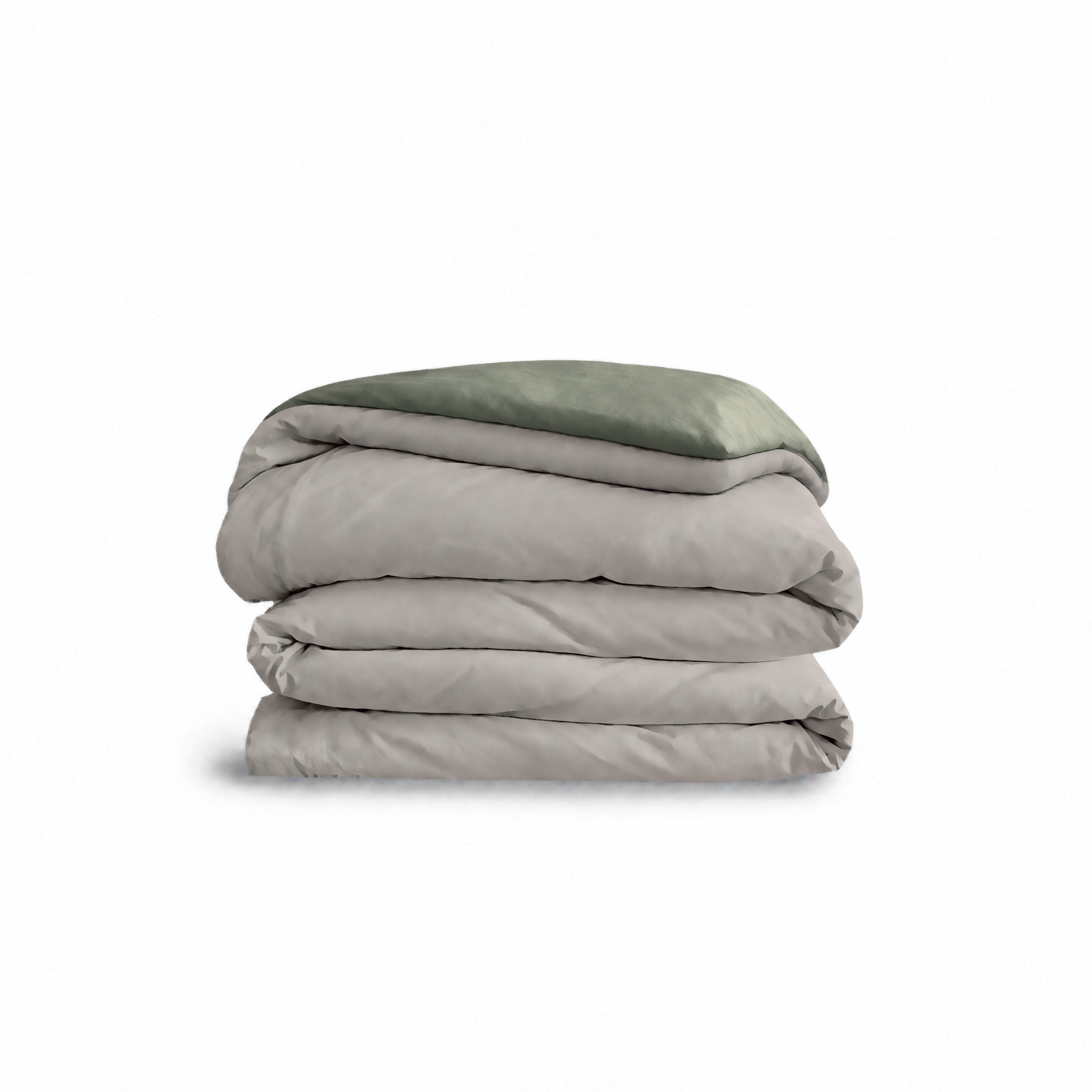 Down for Good Essential duvet cover panels, folded and stacked, in Fog and Willow organic cotton.