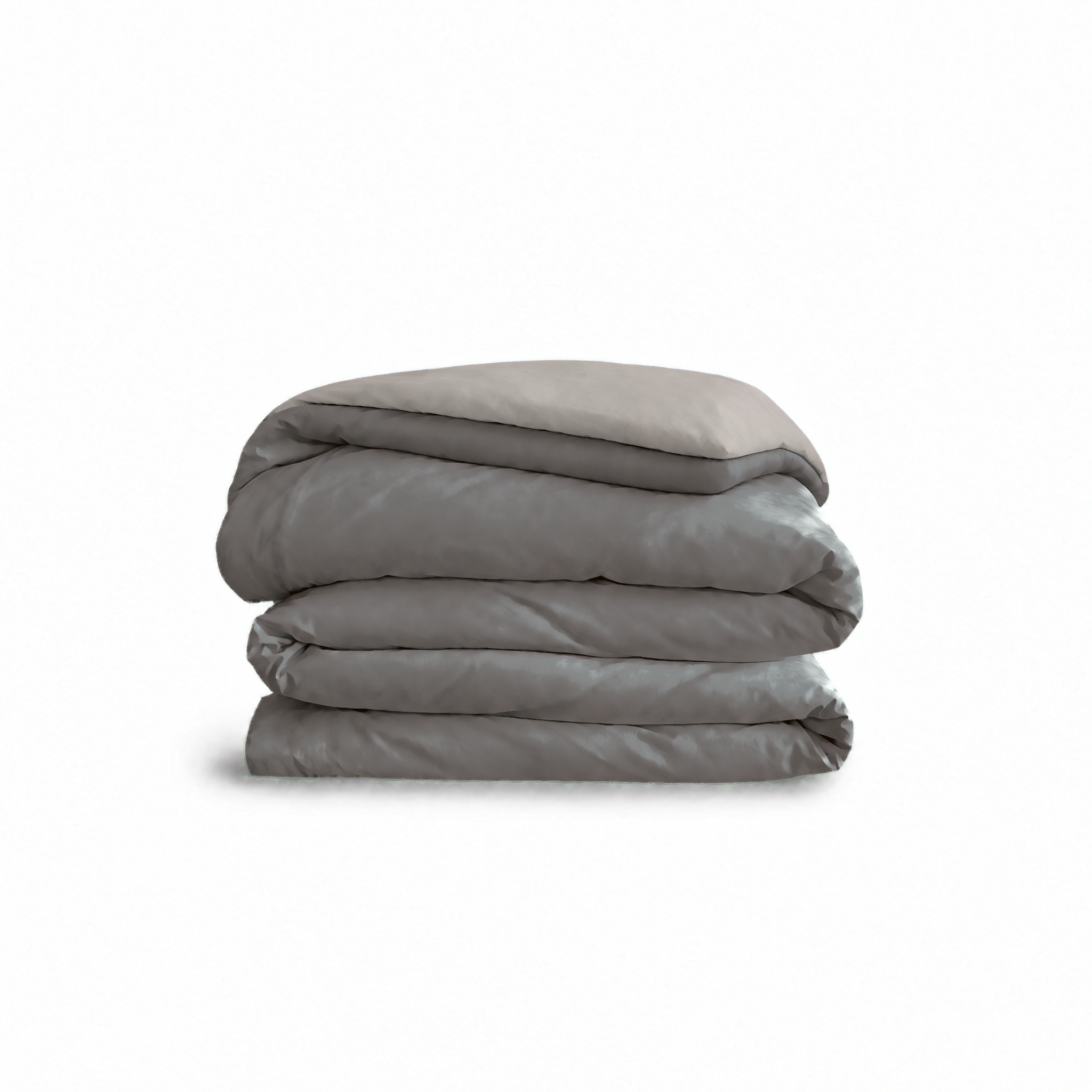 Down for Good Essential duvet cover panels, folded and stacked, in Riverbed and Fog organic cotton.