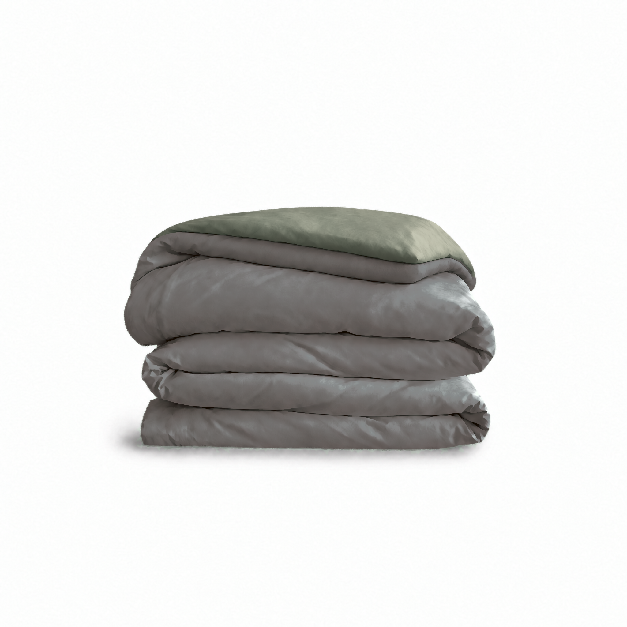 Down for Good Essential duvet cover panels, folded and stacked, in Riverbed and Willow organic cotton.