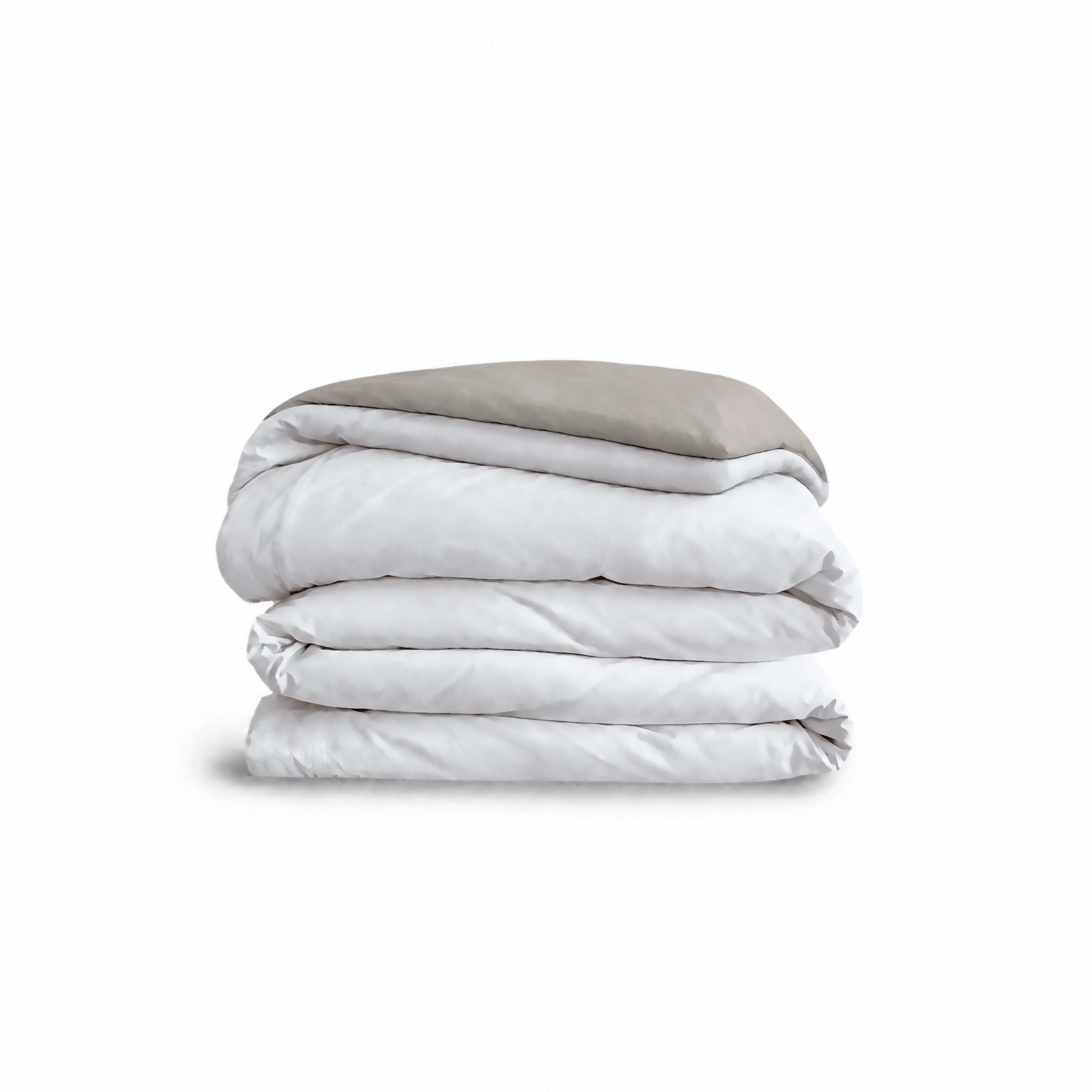 Down for Good Essential duvet cover panels, folded and stacked, in White and Fog organic cotton.