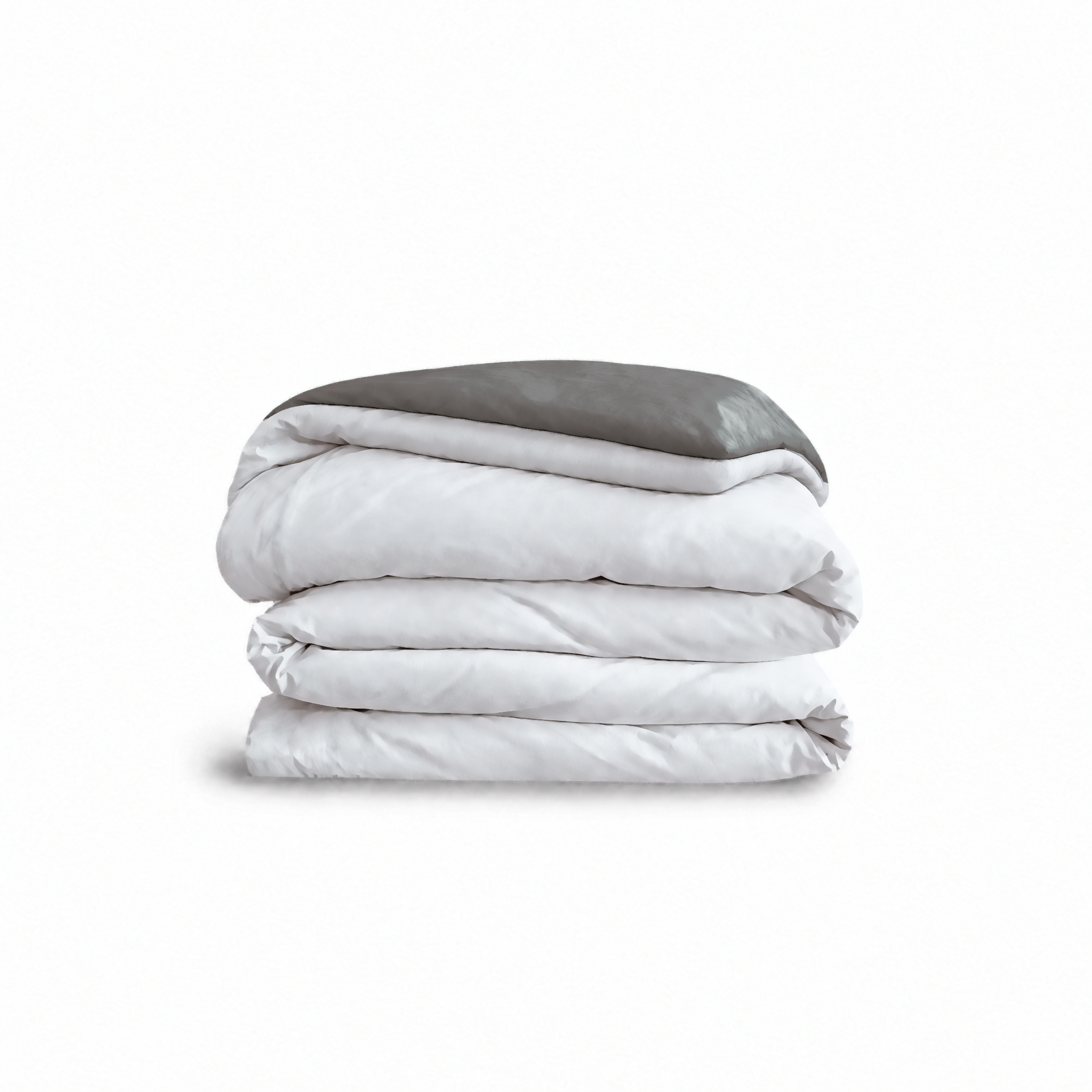 Down for Good Essential duvet cover panels, folded and stacked, in White and Riverbed organic cotton.