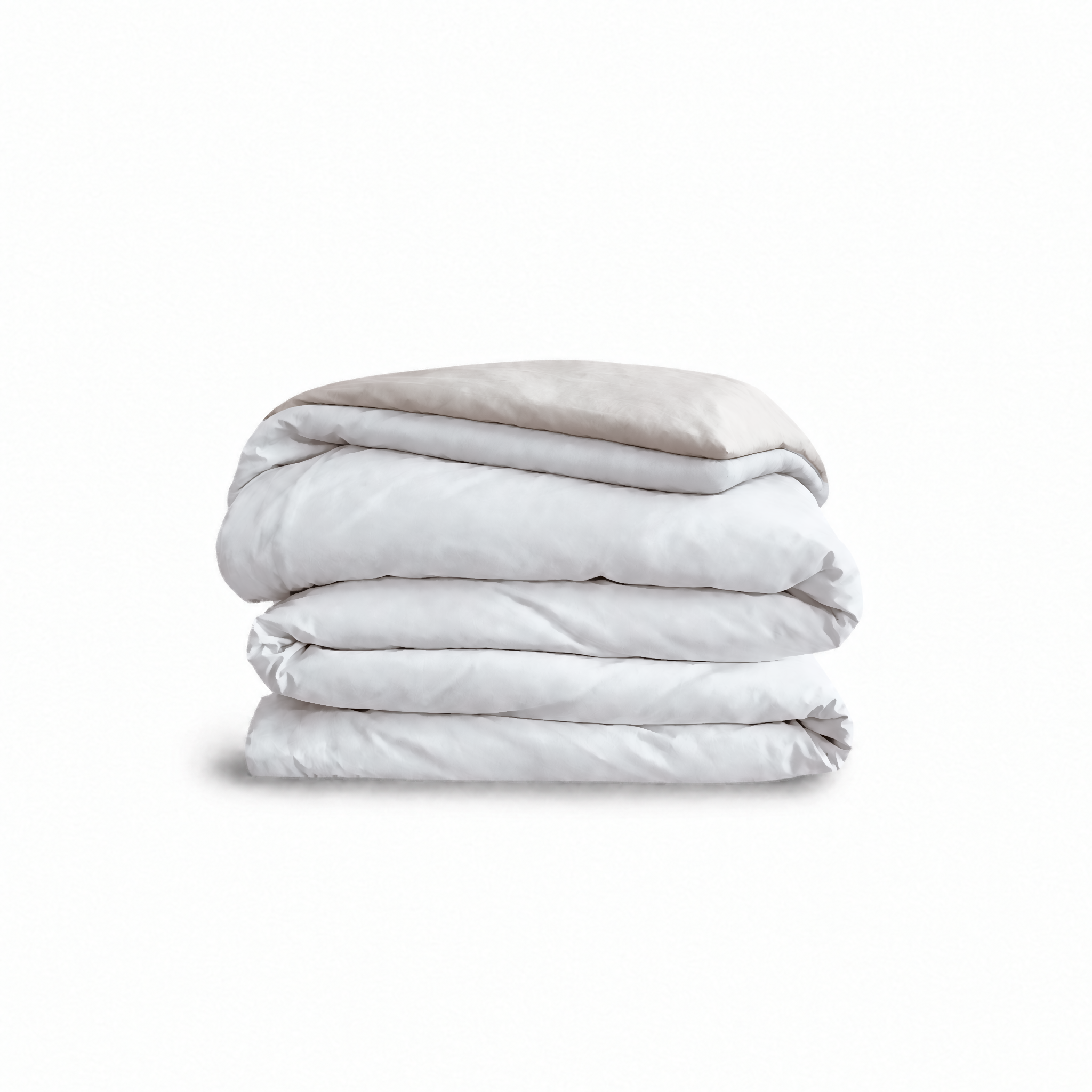 Down for Good Essential duvet cover panels, folded and stacked, in White and Shell organic cotton.