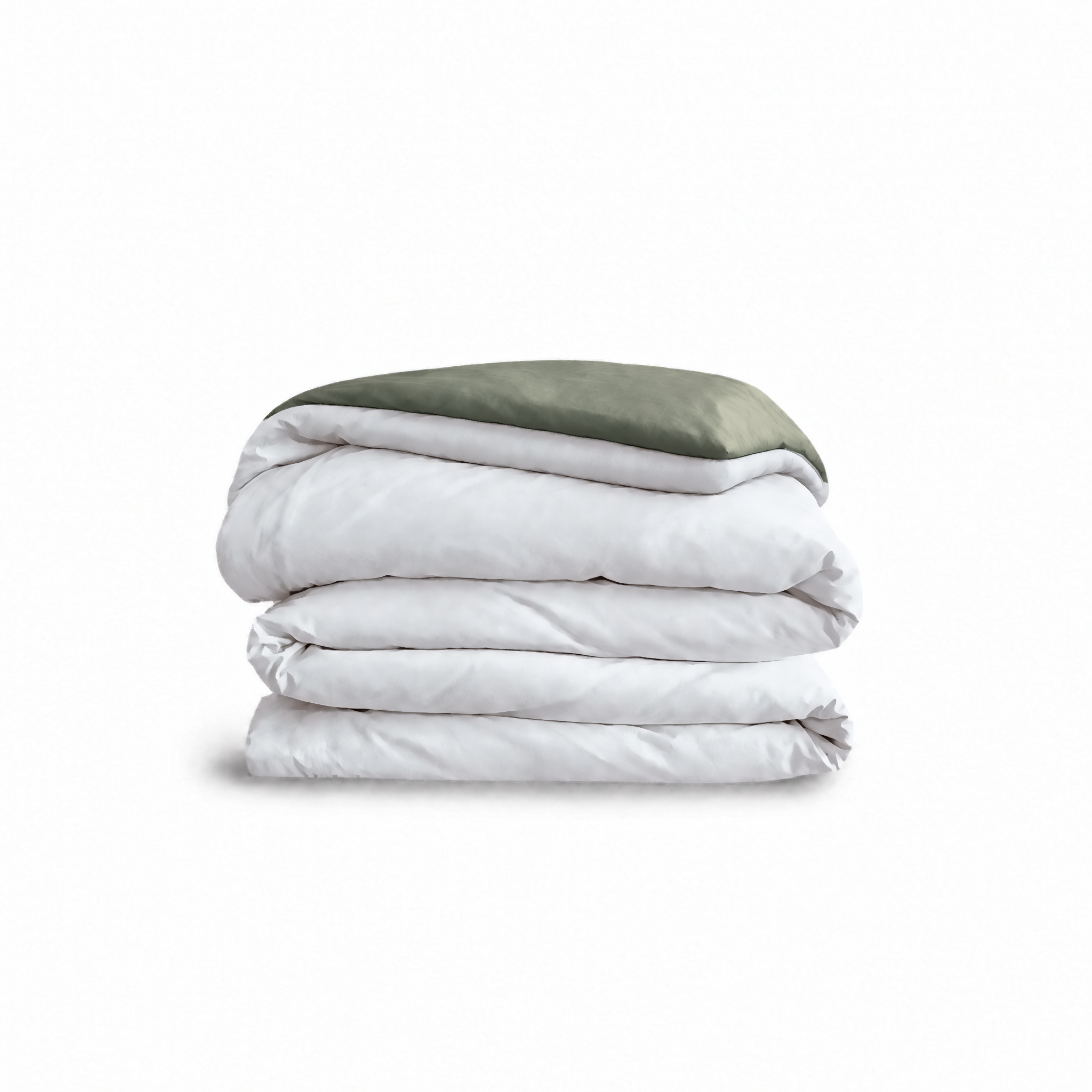 Down for Good Essential duvet cover panels, folded and stacked, in White and Willow organic cotton.