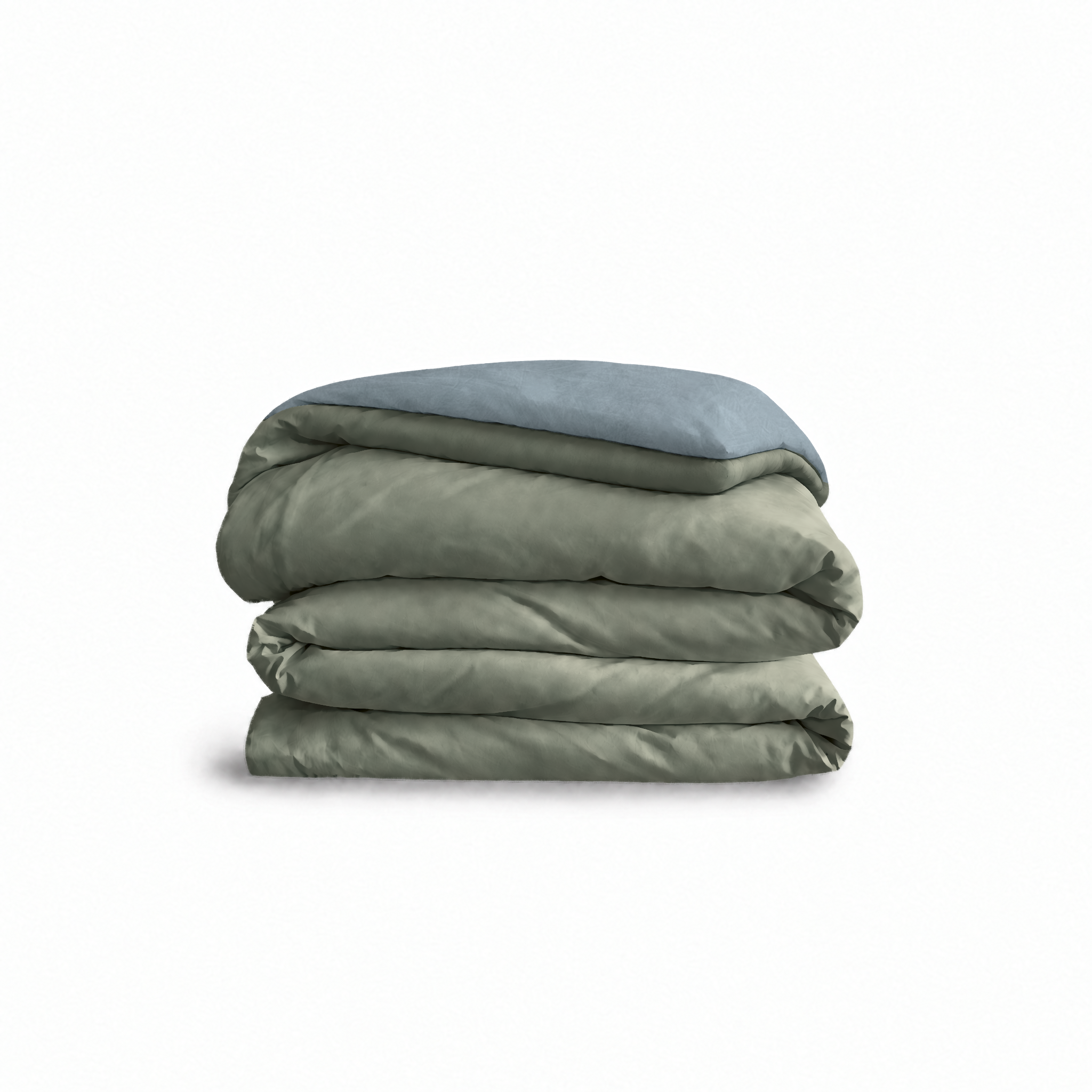 Down for Good Essential duvet cover panels, folded and stacked, in Willow and Blue Haze organic cotton.