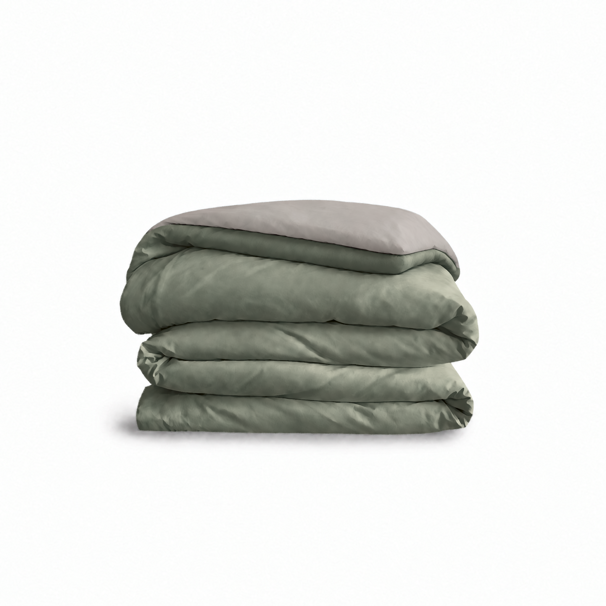 Down for Good Essential duvet cover panels, folded and stacked, in Willow and Fog organic cotton.