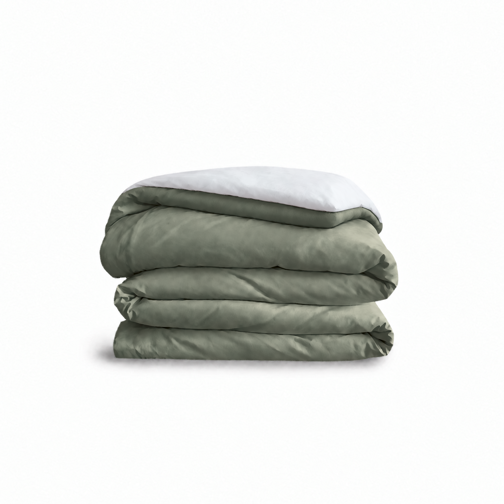 Down for Good Essential duvet cover panels, folded and stacked, in Willow and White organic cotton.