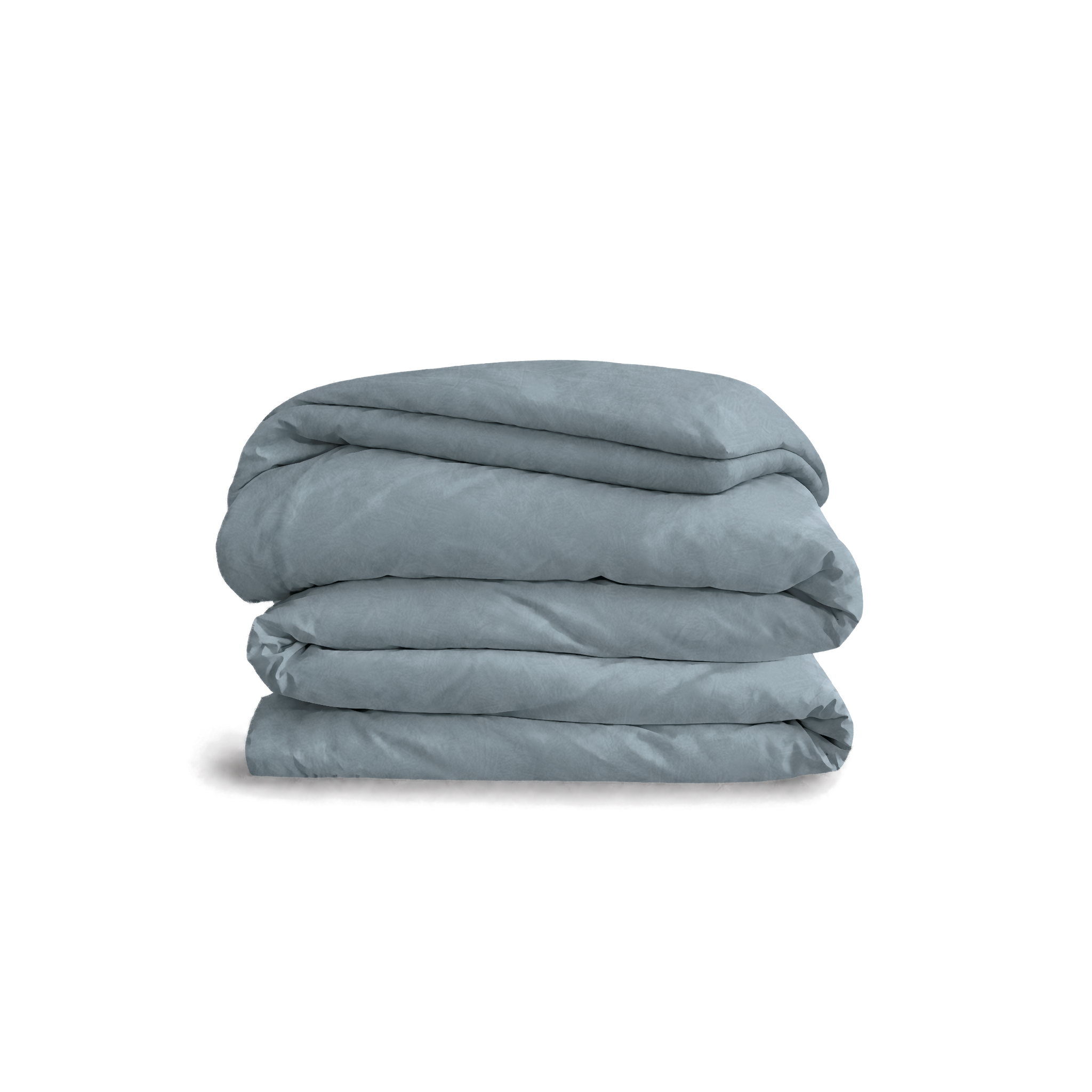 Down for Good Essential duvet cover panels, folded and stacked, in Blue Haze organic cotton.