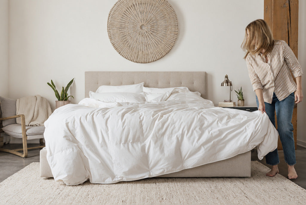 A plush white down duvet insert made up on a bed in a bright, styled bedroom